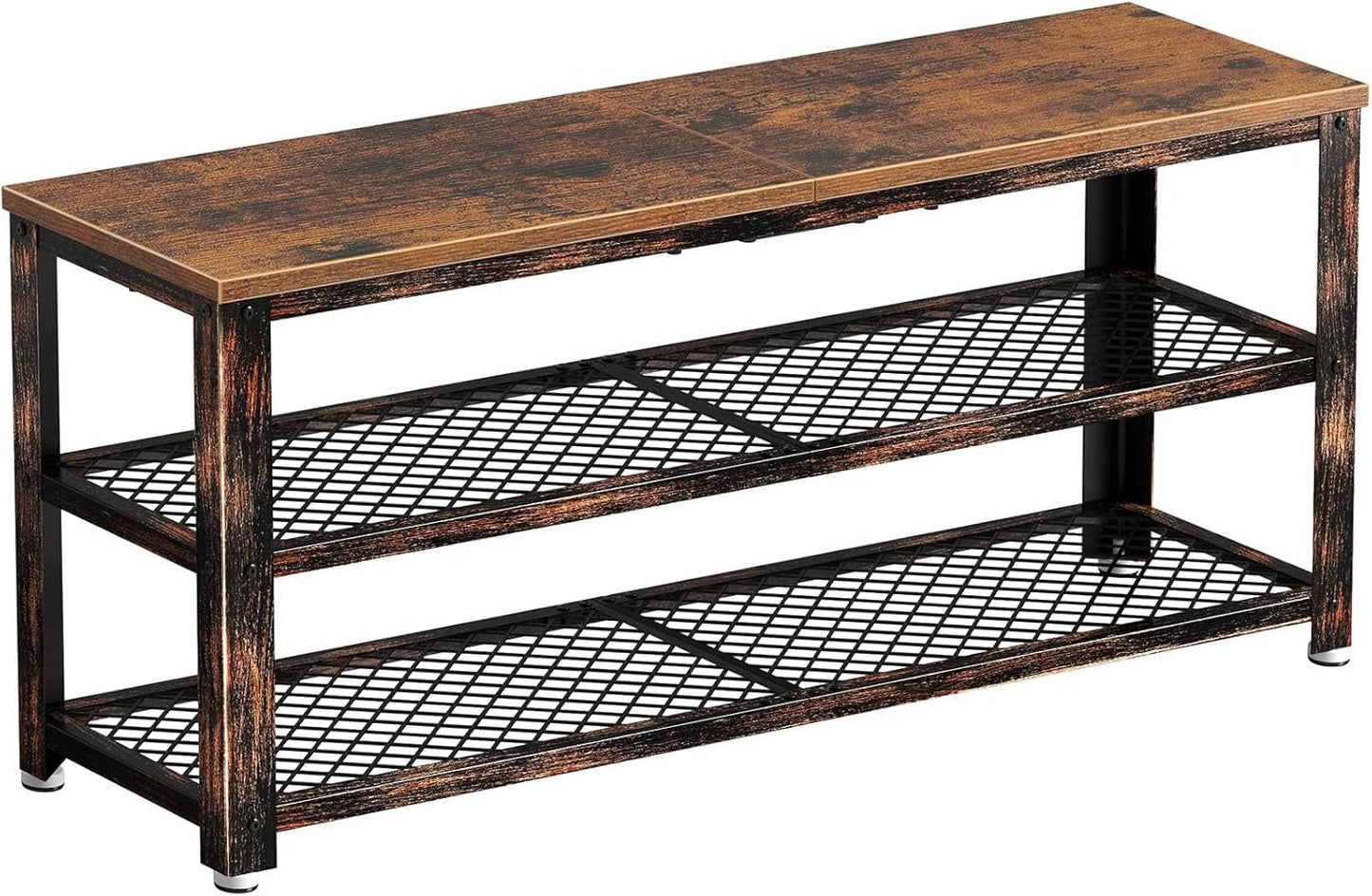Shoe Bench, 3-Tier Shoe Rack, 40” Storage Entry Bench with Mesh Shelves Wood Seat, Rustic Foyer Bench for Hallway Front Door, Doorway, Living Room, Mudroom, Steel Frame, Rustic Brown