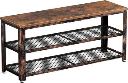 Shoe Bench, 3-Tier Shoe Rack, 40” Storage Entry Bench with Mesh Shelves Wood Seat, Rustic Foyer Bench for Hallway Front Door, Doorway, Living Room, Mudroom, Steel Frame, Rustic Brown