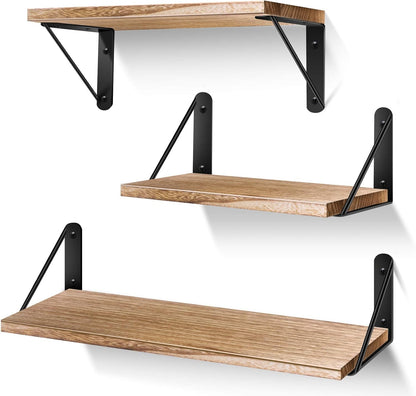 Rustic Wood Floating Shelves Set of 3 for Decorative Wall Storage in Bedroom, Bathroom, Living Room, Kitchen, Office, and Laundry Room