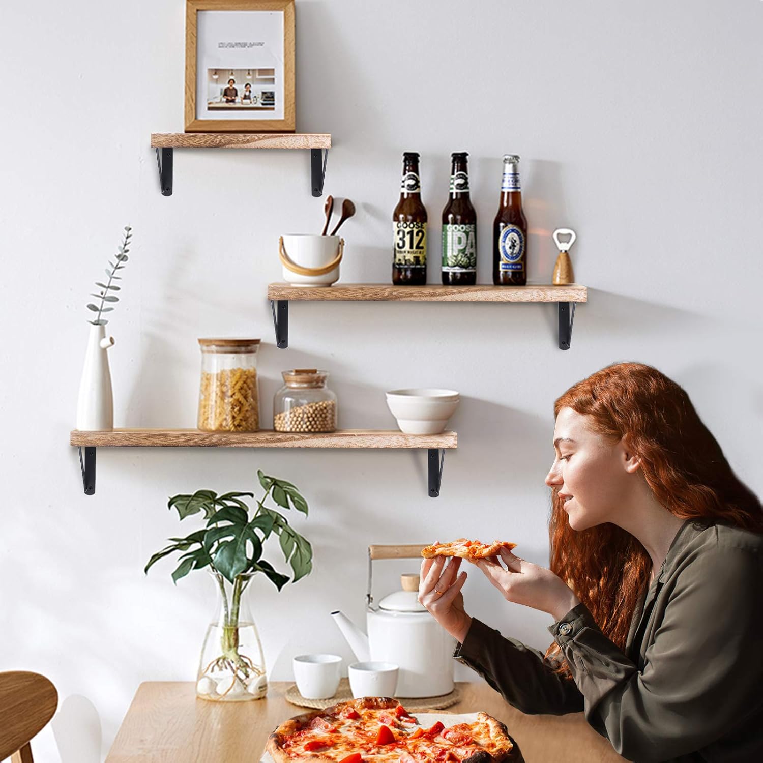 Rustic Wood Floating Shelves Set of 3 for Decorative Wall Storage in Bedroom, Bathroom, Living Room, Kitchen, Office, and Laundry Room
