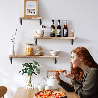 Rustic Wood Floating Shelves Set of 3 for Decorative Wall Storage in Bedroom, Bathroom, Living Room, Kitchen, Office, and Laundry Room