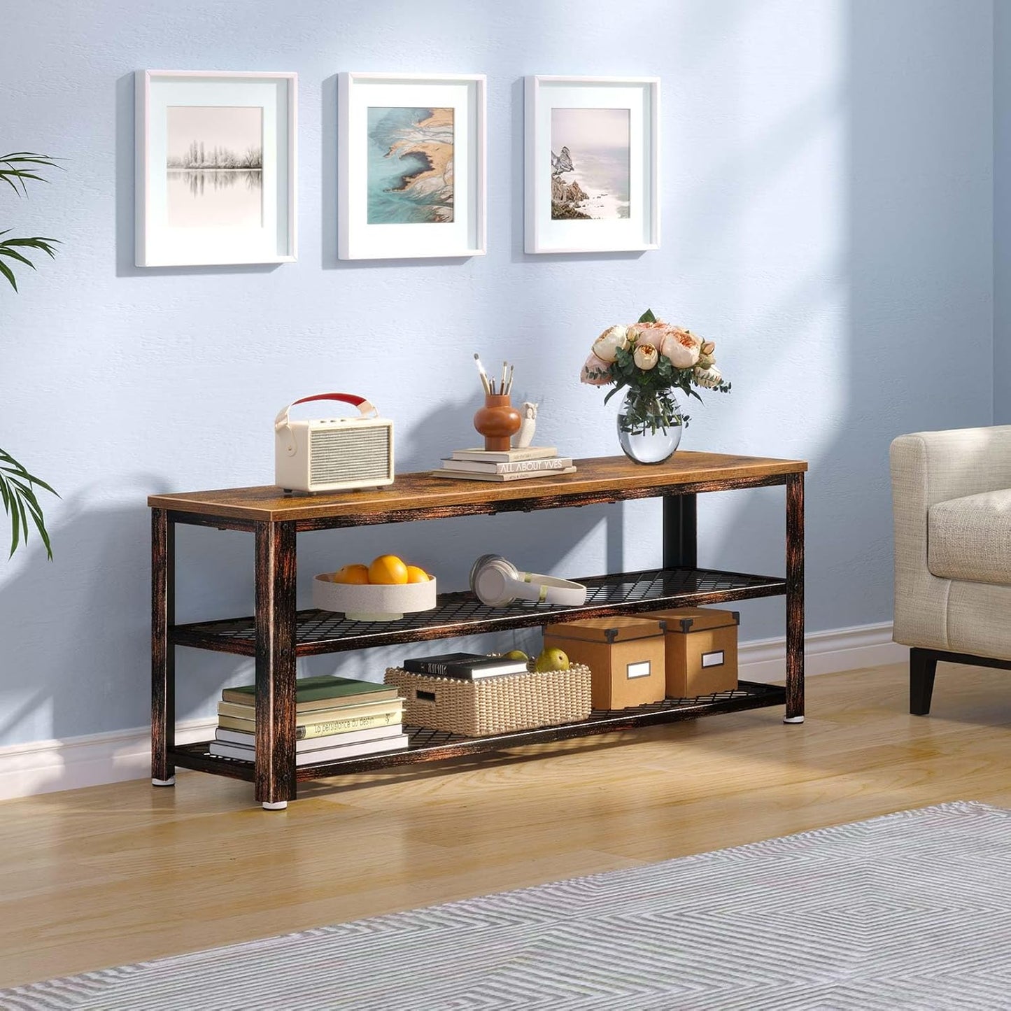 Shoe Bench, 3-Tier Shoe Rack, 40” Storage Entry Bench with Mesh Shelves Wood Seat, Rustic Foyer Bench for Hallway Front Door, Doorway, Living Room, Mudroom, Steel Frame, Rustic Brown