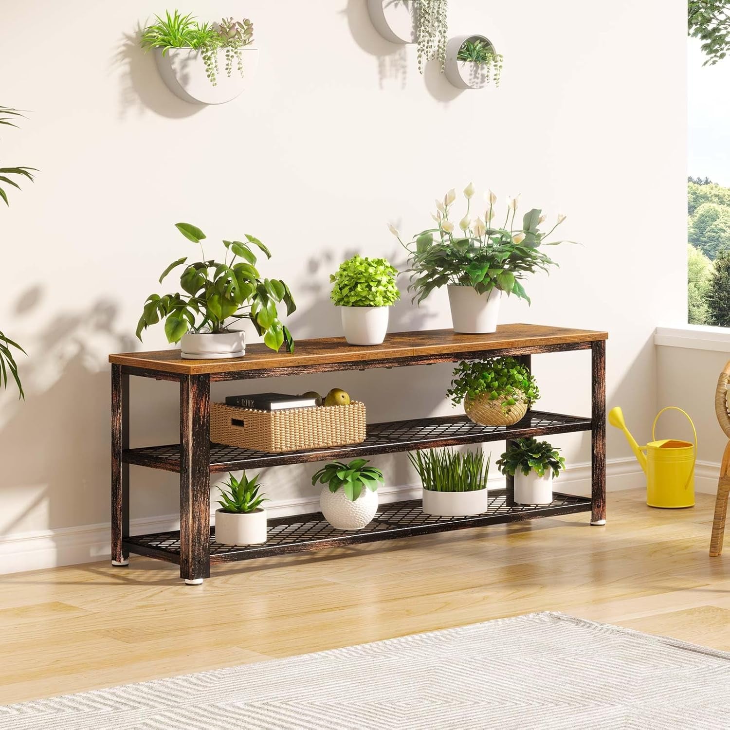 Shoe Bench, 3-Tier Shoe Rack, 40” Storage Entry Bench with Mesh Shelves Wood Seat, Rustic Foyer Bench for Hallway Front Door, Doorway, Living Room, Mudroom, Steel Frame, Rustic Brown