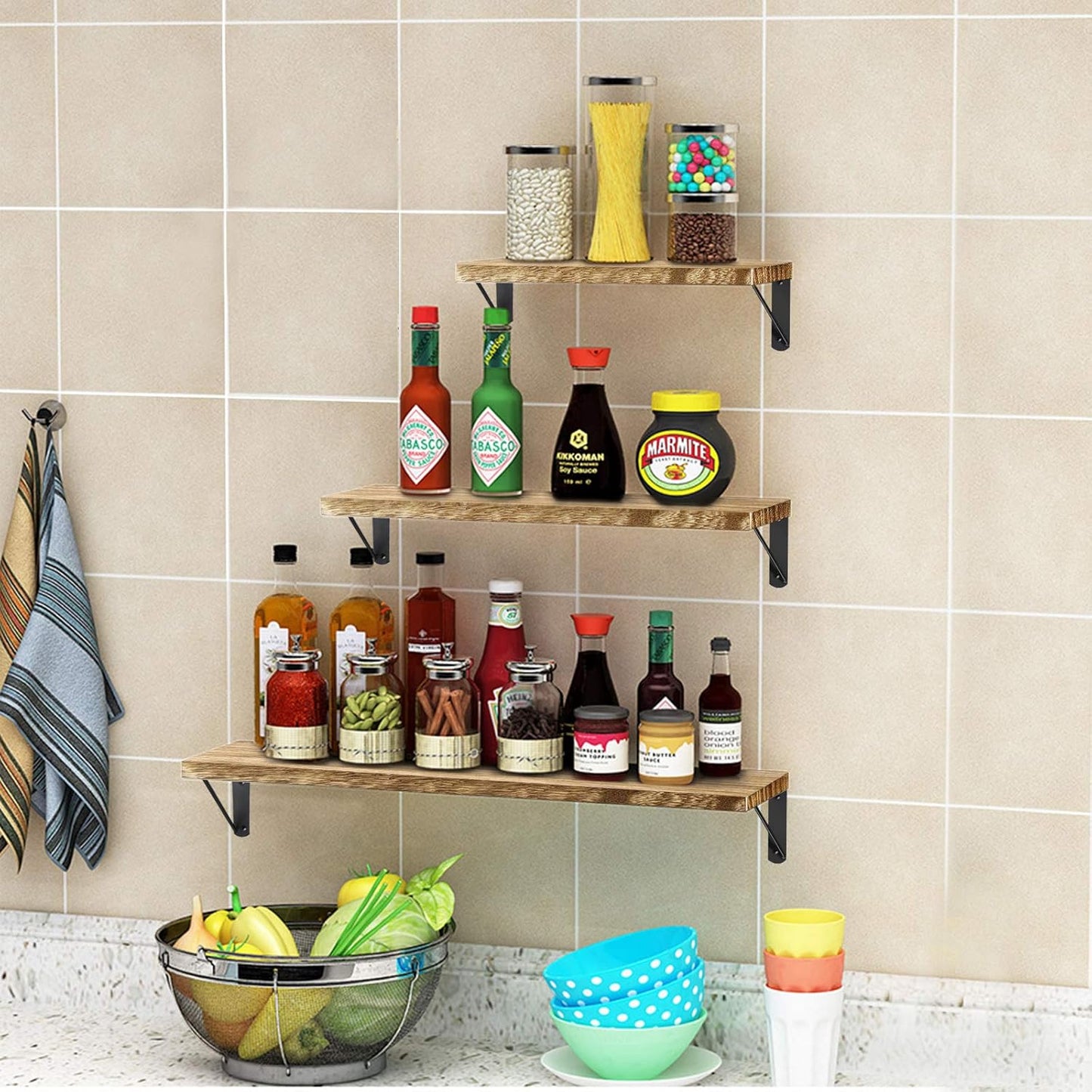 Rustic Wood Floating Shelves Set of 3 for Decorative Wall Storage in Bedroom, Bathroom, Living Room, Kitchen, Office, and Laundry Room