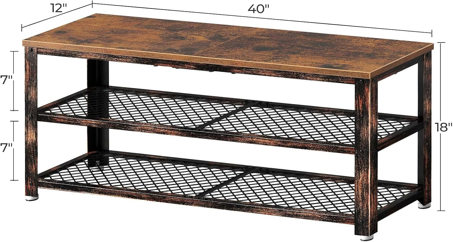 Shoe Bench, 3-Tier Shoe Rack, 40” Storage Entry Bench with Mesh Shelves Wood Seat, Rustic Foyer Bench for Hallway Front Door, Doorway, Living Room, Mudroom, Steel Frame, Rustic Brown