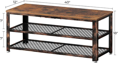 Shoe Bench, 3-Tier Shoe Rack, 40” Storage Entry Bench with Mesh Shelves Wood Seat, Rustic Foyer Bench for Hallway Front Door, Doorway, Living Room, Mudroom, Steel Frame, Rustic Brown