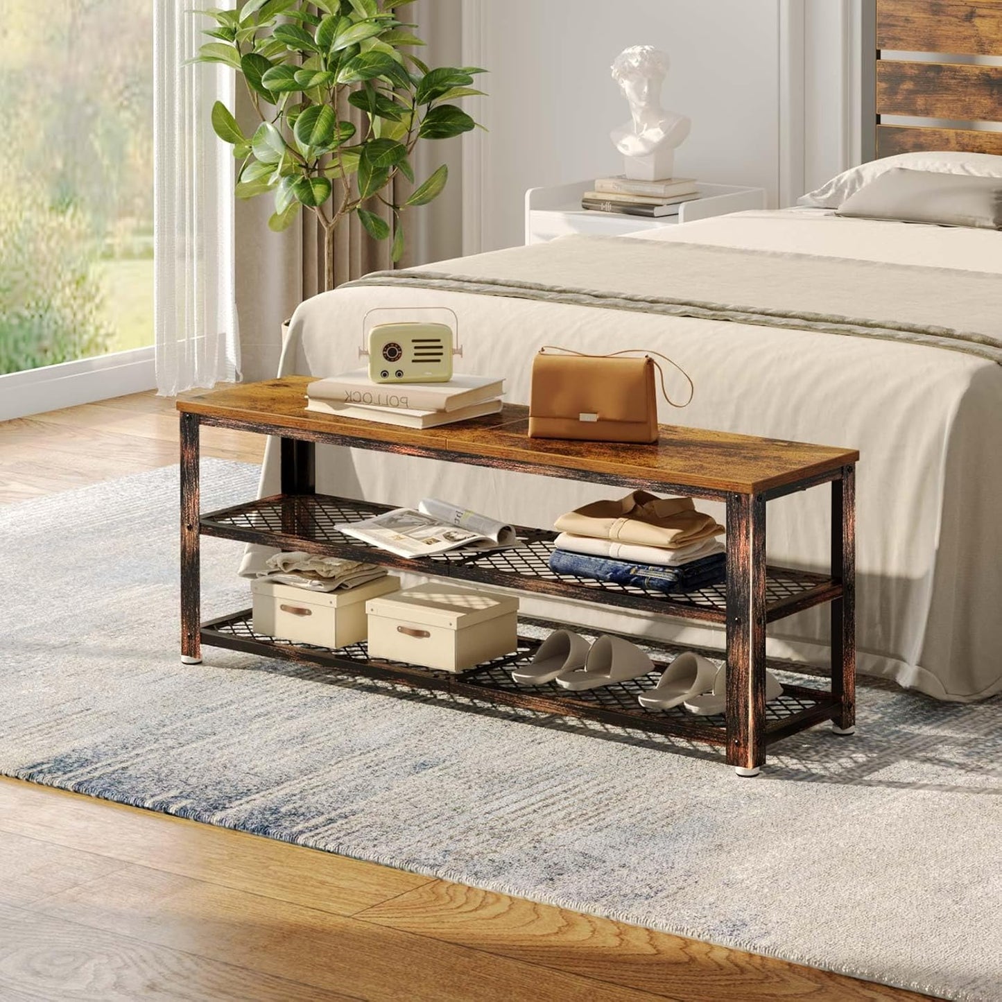 Shoe Bench, 3-Tier Shoe Rack, 40” Storage Entry Bench with Mesh Shelves Wood Seat, Rustic Foyer Bench for Hallway Front Door, Doorway, Living Room, Mudroom, Steel Frame, Rustic Brown